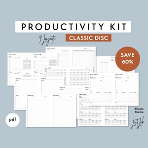 Puede incluir: Un kit de productividad con 9 diseños para un planificador de disco clásico. El kit incluye páginas para el seguimiento de objetivos, listas de deseos, seguimiento de hábitos, planificación de proyectos y descargas de cerebro. Las páginas son en blanco y negro con un tema simple. El texto "SAVE 60%" está en un círculo marrón. El texto "Simple Theme List Lab" está en la esquina inferior derecha.