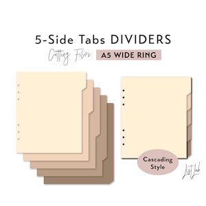 A5 WIDE Ring size 5-SIDE Tab Dividers - Cascading Tabs Style – Die Cutting Files Set - svg, png, pdf | diy planner