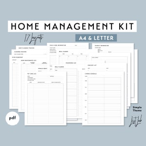 KIT DE GESTIÓN DEL HOGAR, tamaño A4 y Carta, planificador imprimible en formato PDF - Tema simple - 17 diseños
