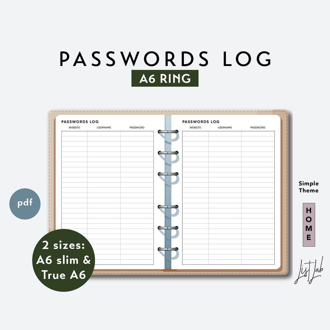 A6 Ring PASSWORDS LOG Printable Ring Planner Insert Pdf Simple Theme Etsy