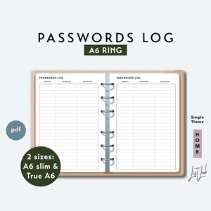 A6 Ring PASSWORDS LOG - Printable Ring Planner Insert pdf - Simple Theme