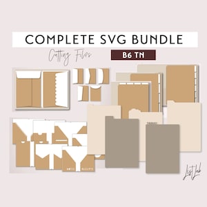 May include: A set of printable SVG files for creating a B6 TN sized planner. The files include various dividers, pockets, and other organisational elements. The design features a brown and beige colour scheme with a simple, modern aesthetic.