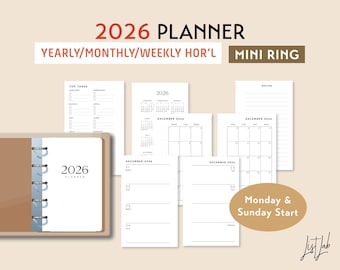 2026 A8 / MINI Ring Yearly Monthly Weekly Wo2p Horizontal Printable Planner Insert Set, DIY Planner