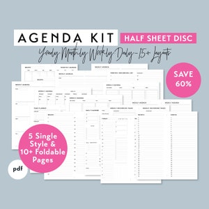 Half-Sheet / Skinny Classic AGENDA KIT | Printable Discbound Planner Inserts Set | pdf | Simple - 15+ layouts Yearly, Monthly, Weekly, Daily