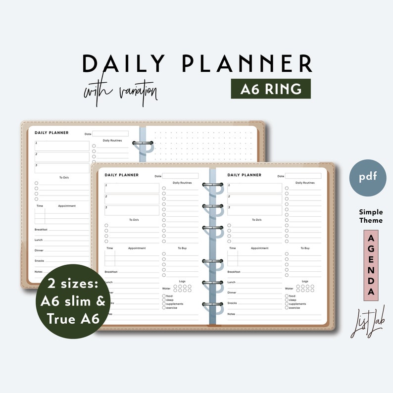 A6 Ring DAILY PLANNER Printable Ring Planner Insert PDF - Etsy