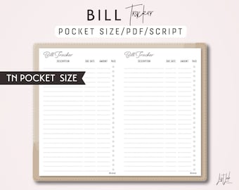 POCKET Size TN Bill Tracker - Printable Traveler's Notebook Insert PDF - Script Theme