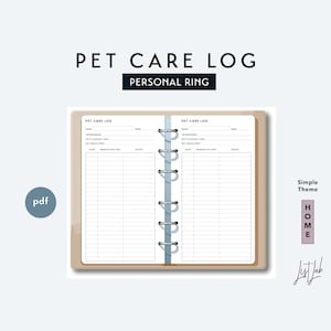 Personal Size PET CARE LOG - Printable Ring Planner Insert pdf - Simple Theme