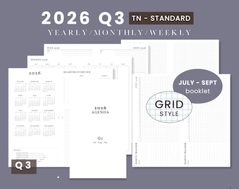 Standard TN Q3 2026 July to September Pre-arranged PrintableNotebook - Weekly Wo2P Traveler's Notebook Predated Booklet - GRID Style