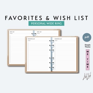 Conjunto de lista de deseos y favoritos PERSONAL WIDE: inserto de planificador de anillos imprimible en formato PDF: tema simple