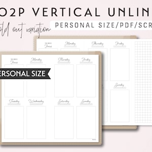 May include: A printable vertical weekly planner in personal size with a fold-out variation. The planner has a gridded section for notes and a weekly layout with spaces for "This Week's Focus", Monday, Tuesday, Wednesday, Thursday, Friday, Saturday, and Sunday.
