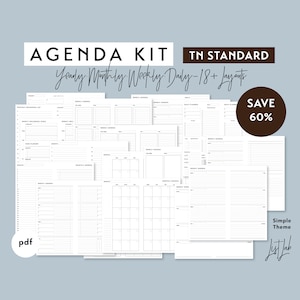 Standard TN AGENDA KIT  | Printable Minimalist Traveler&#39;s Notebook Inserts Set pdf | Simple - 18+ layouts | Yearly, Monthly, Weekly, Daily