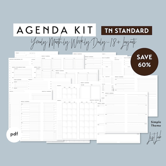 KIT AGENDA TN standard Ensemble d'inserts imprimables pour carnet de notes  du voyageur minimaliste pdf Simple 18 mises en page Annuel, Mensuel,  Hebdomadaire, Quotidien -  France