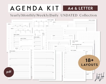 A4 & Letter Size AGENDA KIT | Printable Minimalist Planner Inserts Set | 18+ layouts | Yearly, Monthly, Weekly, Daily | Undated Bundle