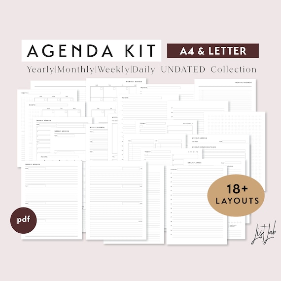 A4 & Letter Size AGENDA KIT | Printable Minimalist Planner Inserts Set | 18+ layouts | Yearly, Monthly, Weekly, Daily | Undated Bundle
