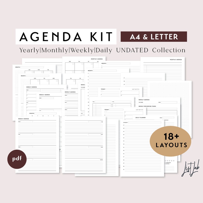May include: A collection of 18+ printable planner pages in A4 and Letter sizes. The pages are undated and include yearly, monthly, weekly, and daily layouts. The pages are black and white and have a minimalist design.