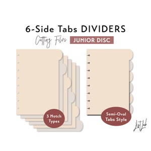 May include: Six-sided tab dividers for a junior disc planner. The tabs are semi-oval shaped and have three different notch styles. The dividers are beige and are shown against a white background.