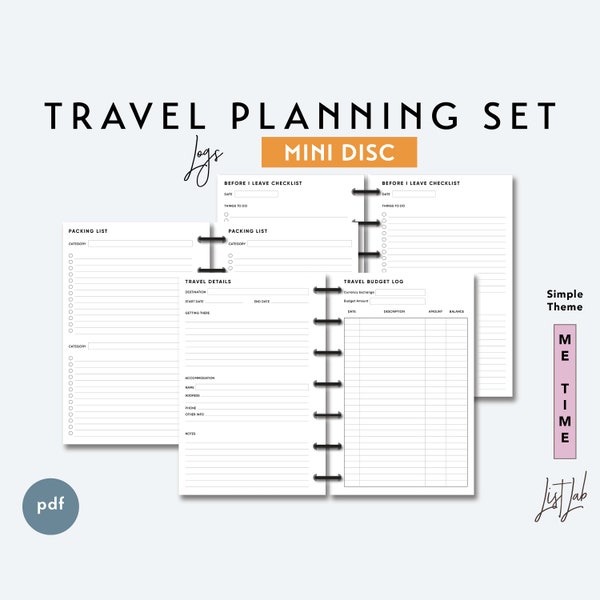 MINI DISC Travel Planning Set | Printable Minimalist Discbound Planner Insert | pdf | Simple Theme, Travel Planner