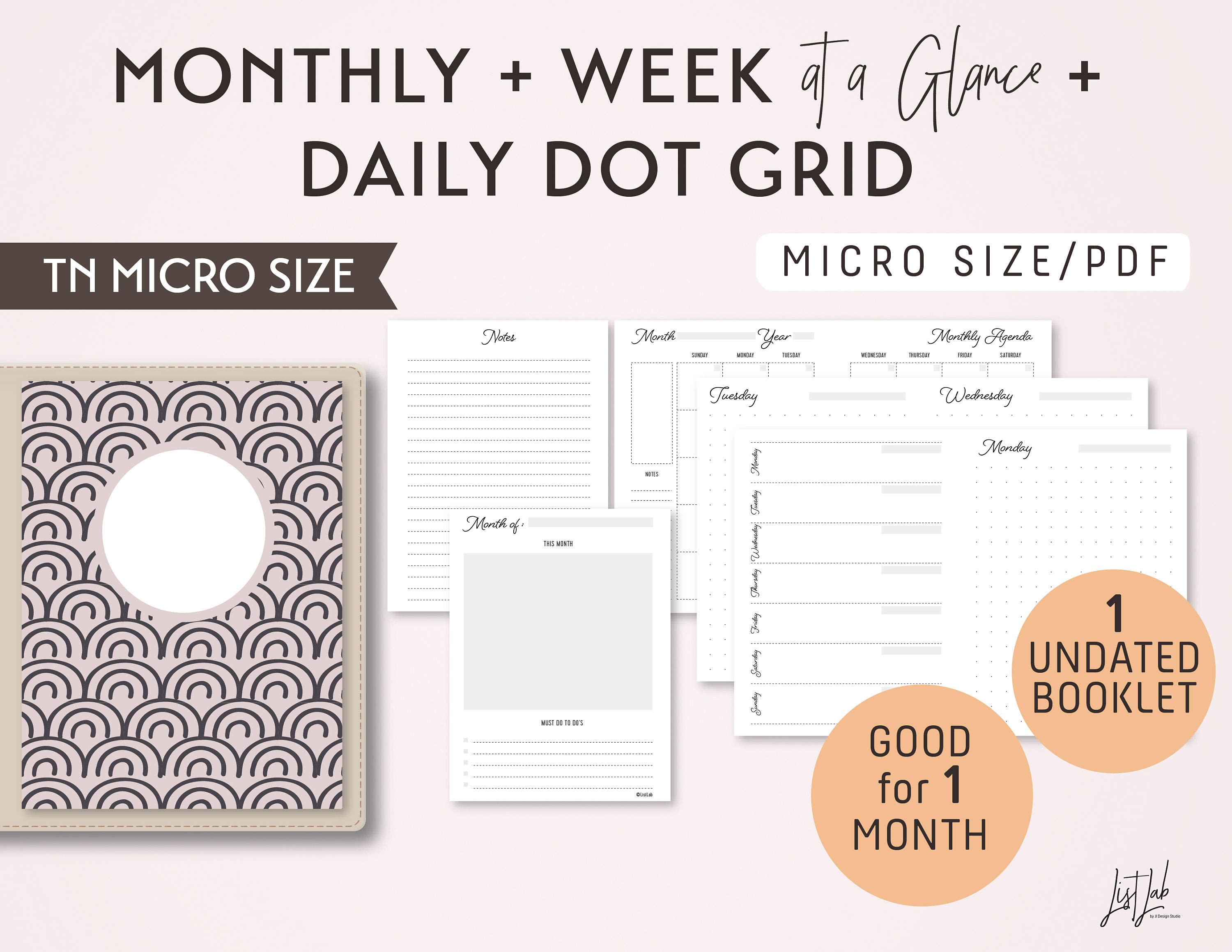 MICRO Size Monthly-Weekly-Daily Dot Grid TN Printable Booklet Insert - fits Traveler's Notebook Micro Size