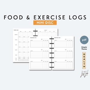 May include: Black and white printable food and exercise logs for a mini disc planner. The pages include sections for breakfast, lunch, dinner, snacks, and water intake. The exercise log pages have sections for date, time, activity, sets, reps, and notes.