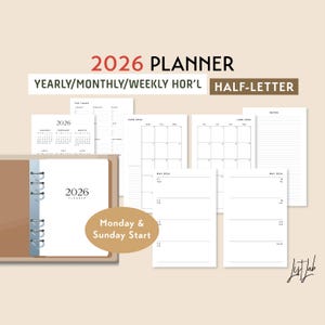 2026 HALF-LETTER Ring JUNIOR Disc Yearly Monthly Weekly Wo2p Horizontal Printable Discbound Planner Insert Set, diy Planner