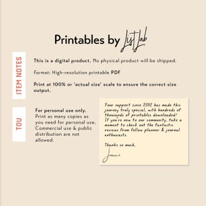 May include: Cream-coloured digital product advert with the text "Printables by listlab." Includes item notes, terms of use, and a handwritten note. The text states the product is a high-resolution printable PDF.