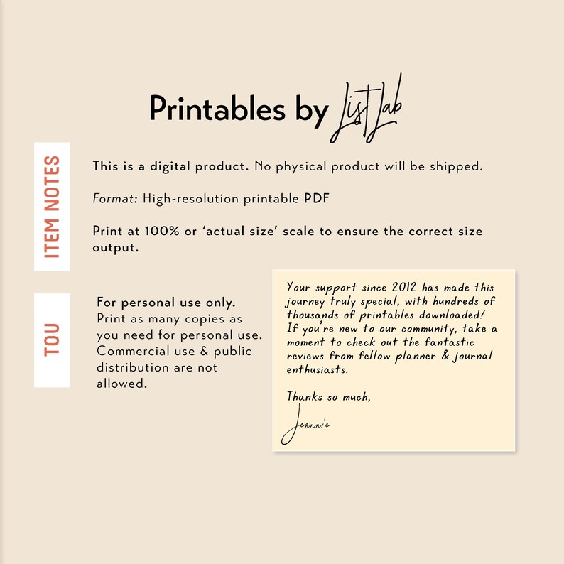May include: Cream-coloured digital product advert with the text "Printables by listlab." Includes item notes, terms of use, and a handwritten note. The text states the product is a high-resolution printable PDF.