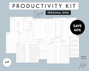 Personal Size PRODUCTIVITY KIT for Ring Planner - Printable PDF - Simple Theme - 9 layouts