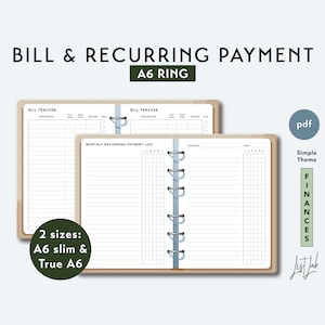 A6 Ring Bill and Recurring Payment Set - Printable Ring Planner Insert PDF - Simple Theme