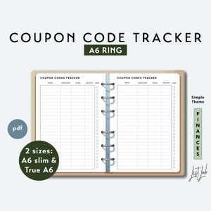 May include: A beige A6 ring binder coupon code tracker with the text "COUPON CODE TRACKER" and "A6 RING". The tracker includes sections for shop, discount, code, and validity. The image also states "2 sizes: A6 slim & True A6".