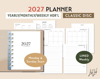 2027 CLASSIC Disc Yearly Monthly Weekly Wo2p HORIZONTAL Printable Discbound Planner Insert Set LINED Style