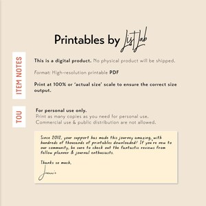 May include: A printable digital product for personal use. The text reads "Printables by Just Lab" and includes information about the product being a digital download, the format being a high-resolution PDF, and instructions to print at 100% or actual size. The text also states that the product is for personal use only and commercial use or public distribution is not allowed. The text ends with a thank you message from the creator.