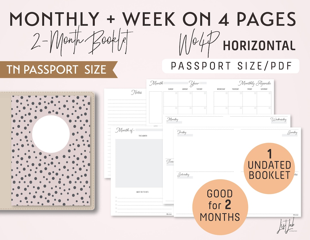 PASSPORT Size Monthly-week on 4 Pages Horizontal Printable Booklet ...