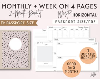 PASSPORT Size Monthly-Week on 4 Pages Horizontal Printable Booklet Insert - Good for 2 Months