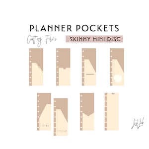 May include: A set of eight printable planner pocket cutting files for a skinny mini disc planner. The files feature different pocket styles, including a simple rectangle, a flap pocket, and a pocket with a circle cut-out. The files are designed to be printed on cardstock and cut out with a craft knife or cutting machine.