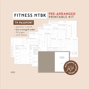 May include: A printable fitness notebook kit with a brown cover and the text "Fitness notebook" in white. The kit includes 48 pages with various fitness trackers, logs, and goal setting worksheets. The kit is pre-arranged in order and features a serif theme.