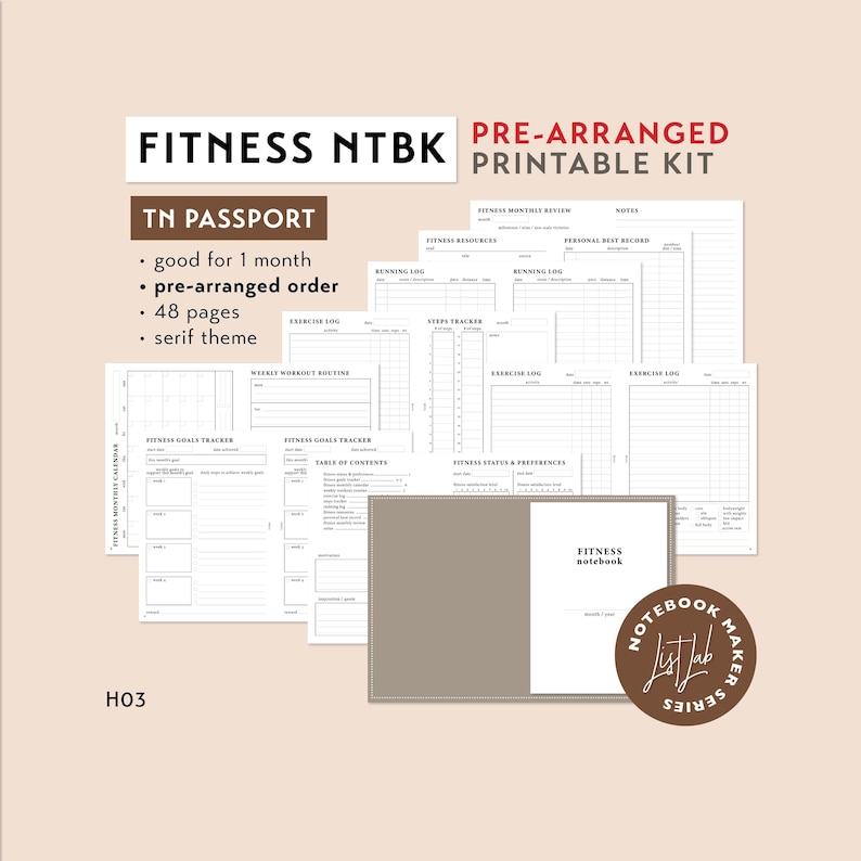 May include: A printable fitness notebook kit with a brown cover and the text "Fitness notebook" in white. The kit includes 48 pages with various fitness trackers, logs, and goal setting worksheets. The kit is pre-arranged in order and features a serif theme.