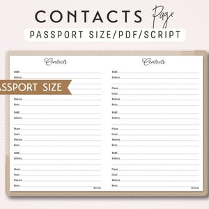 May include: A printable contact page template in passport size. The template has two columns with headings for name, address, phone, email, website, and notes.