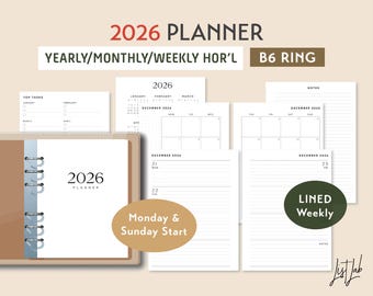 B6 RING 2026 Yearly Monthly Weekly Wo2p HORIZONTAL LINED Printable Planner Inserts Set, Week on 2 Pages Lined Style