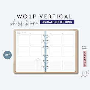 A5 and Half-Letter Week on 2 Pages Vertical with Tracker and Lists - Printable Ring Planner Insert - Simple Theme