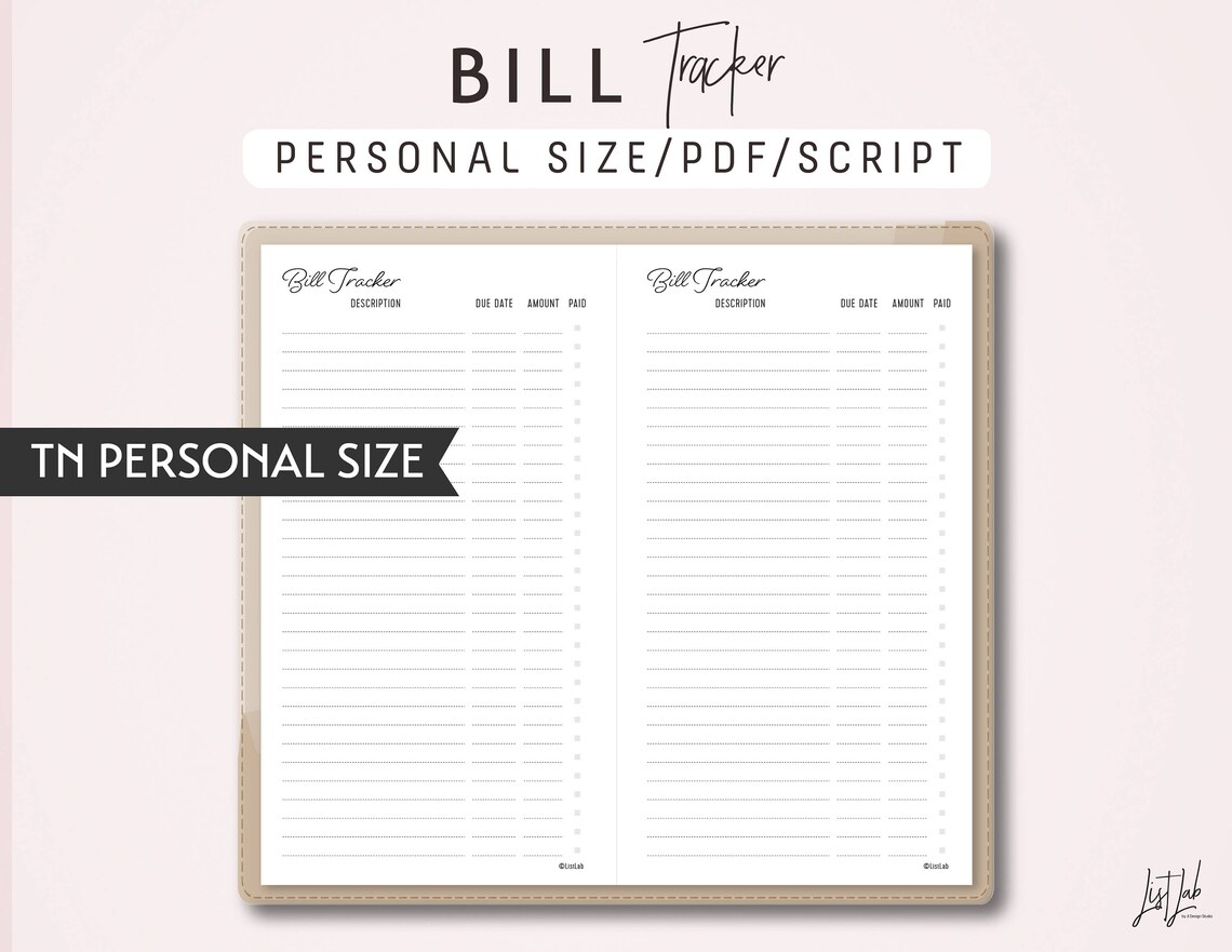 PERSONAL Size TN Bill Tracker - Printable Traveler's Notebook Insert ...