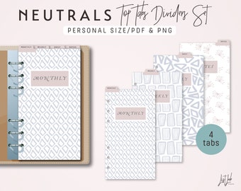 Personal Ring Size TOP TABS Dividers Set - Printable PDF - Neutrals Theme