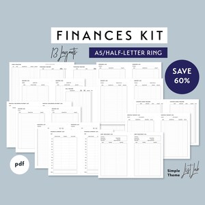 May include: A printable finances kit with 13 layouts for A5 or half-letter ring binders. The kit includes pages for tracking expenses, income, savings, budgets, shopping lists, and more. The text "FINANCES KIT" and "13 Layouts" is at the top of the image. The text "A5/HALF-LETTER RING" is below the title. The text "SAVE 60%" is in the upper right corner of the image. The text "Simple Theme" is in the lower right corner of the image.