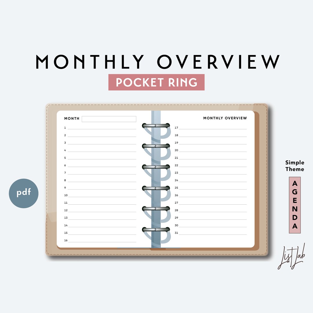 Pocket Ring MONTHLY OVERVIEW | Printable Minimalist Ring Planner Insert ...