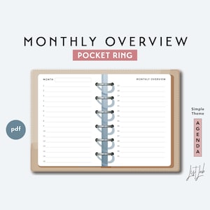 Pocket Ring MONTHLY OVERVIEW  | Printable Minimalist Ring Planner Insert | pdf | Simple Theme, Month at a Glance