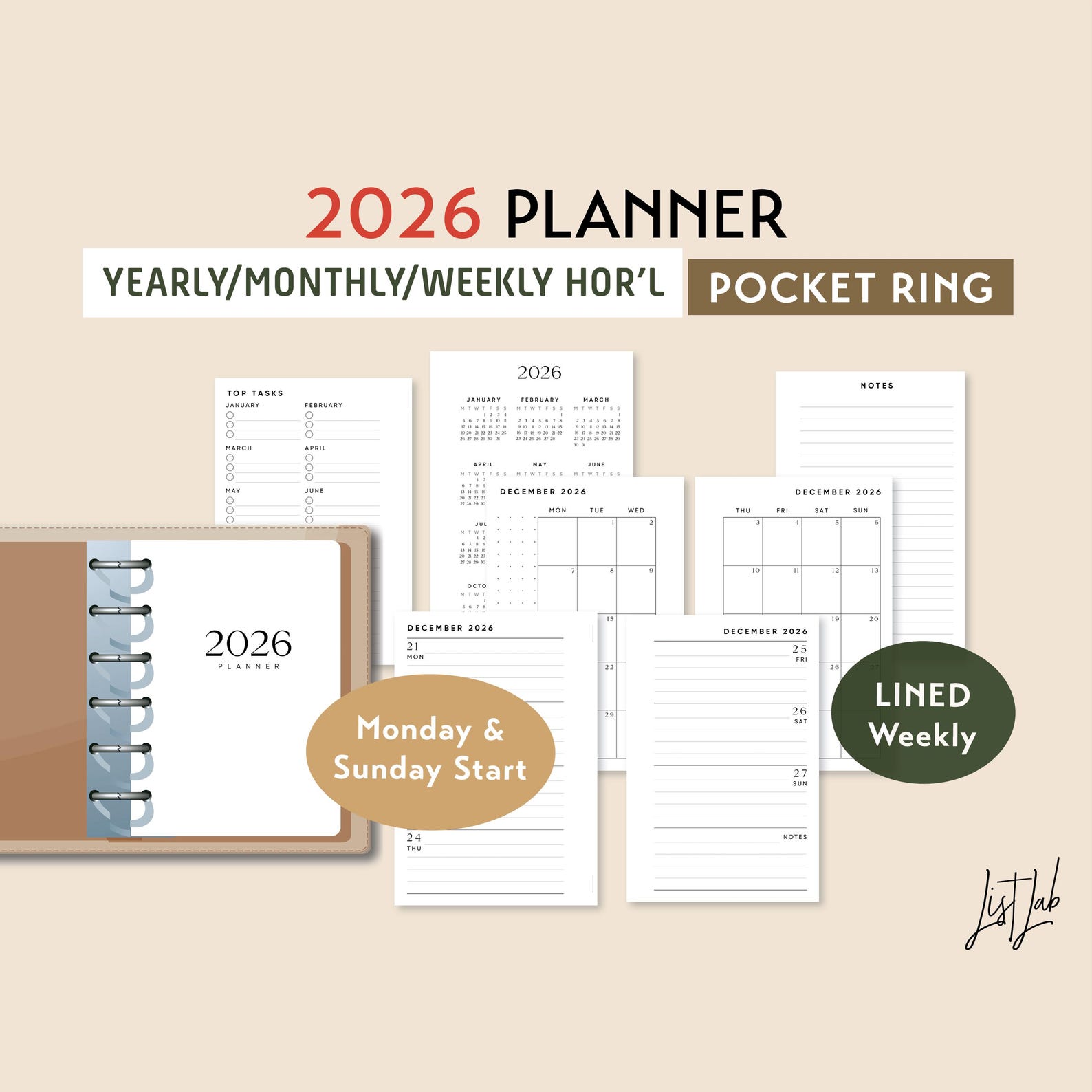 2026 POCKET Ring Yearly Monthly LINED Weekly Wo2p HORIZONTAL Printable ...