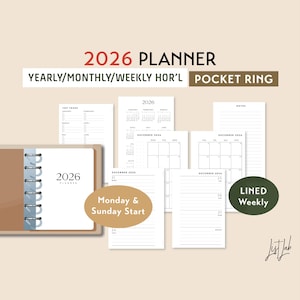 May include: A 2026 planner with a brown cover and silver binding, featuring yearly, monthly, and weekly layouts. Includes a pocket ring design and various pages for notes and scheduling. The planner has a Monday & Sunday start and lined weekly pages.