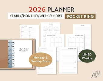 2026 POCKET Ring Yearly Monthly LINED Weekly Wo2p HORIZONTAL Printable Planner Insert Set