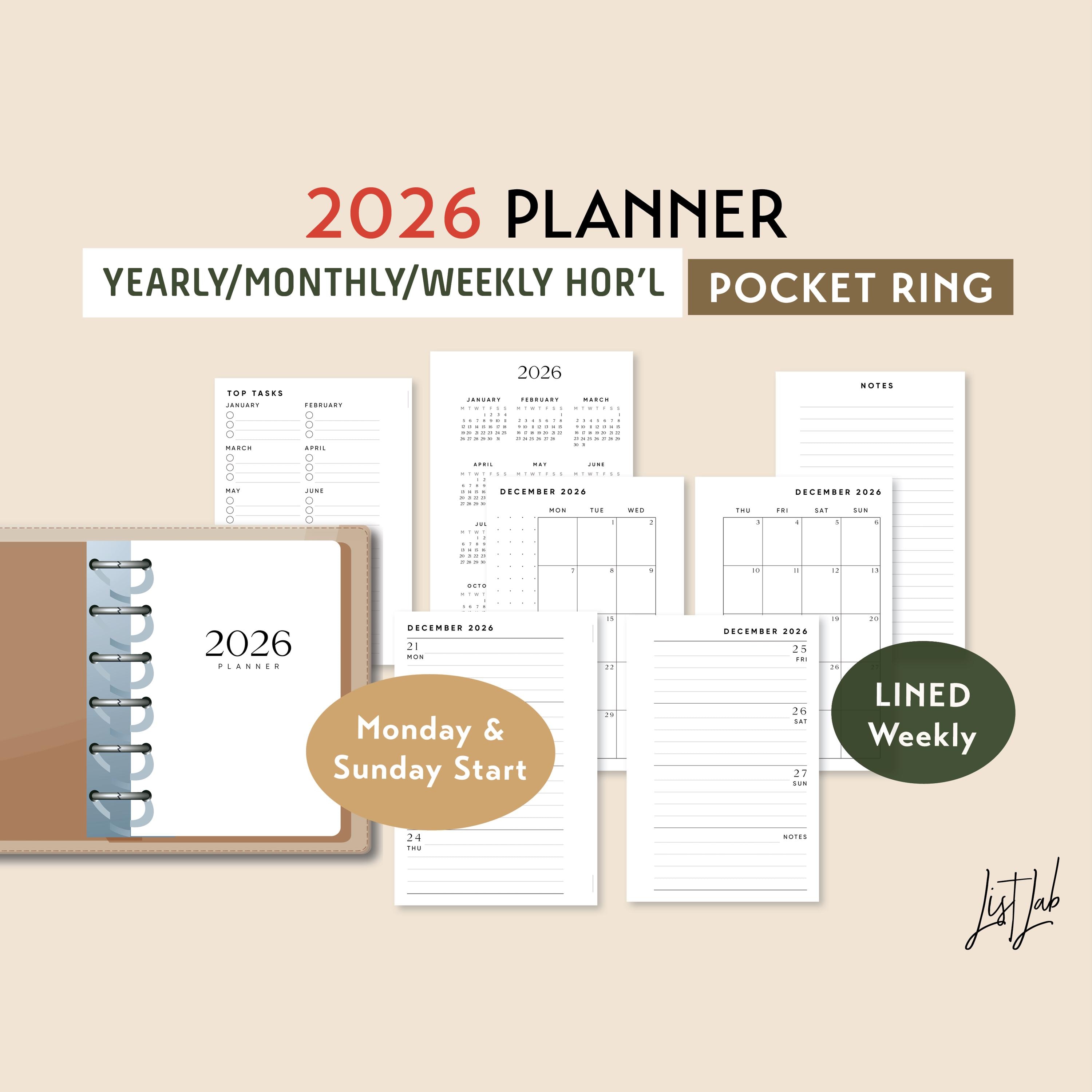 2026 POCKET Ring Yearly Monthly LINED Weekly Wo2p HORIZONTAL Printable ...