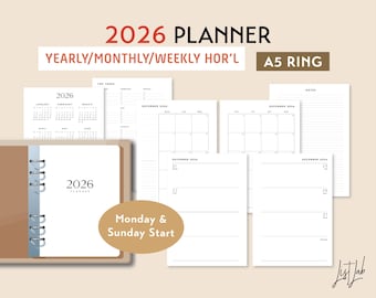2026 A5 Ring Yearly Monthly Weekly Wo2p HORIZONTAL Printable Planner Insert Set, DIY Planner