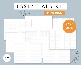 Mini Disc ESSENTIALS KIT | Druckbare Minimalistische Discbound Einlage Set | pdf | Einfach - 9+ Layouts - Dot Grid, Liniert, Notizen, Listen